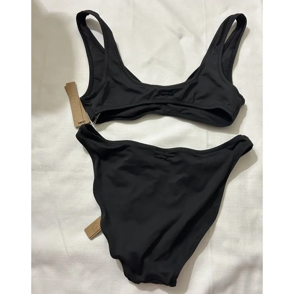Skims NWT Signature Plunge Triangle Top & Mid Coverage Swim Bottoms Black Size S